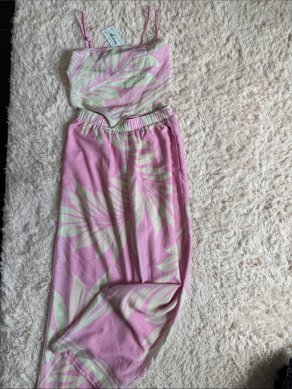 Pink Palm-Print Elastic-Waist Jumpsuit